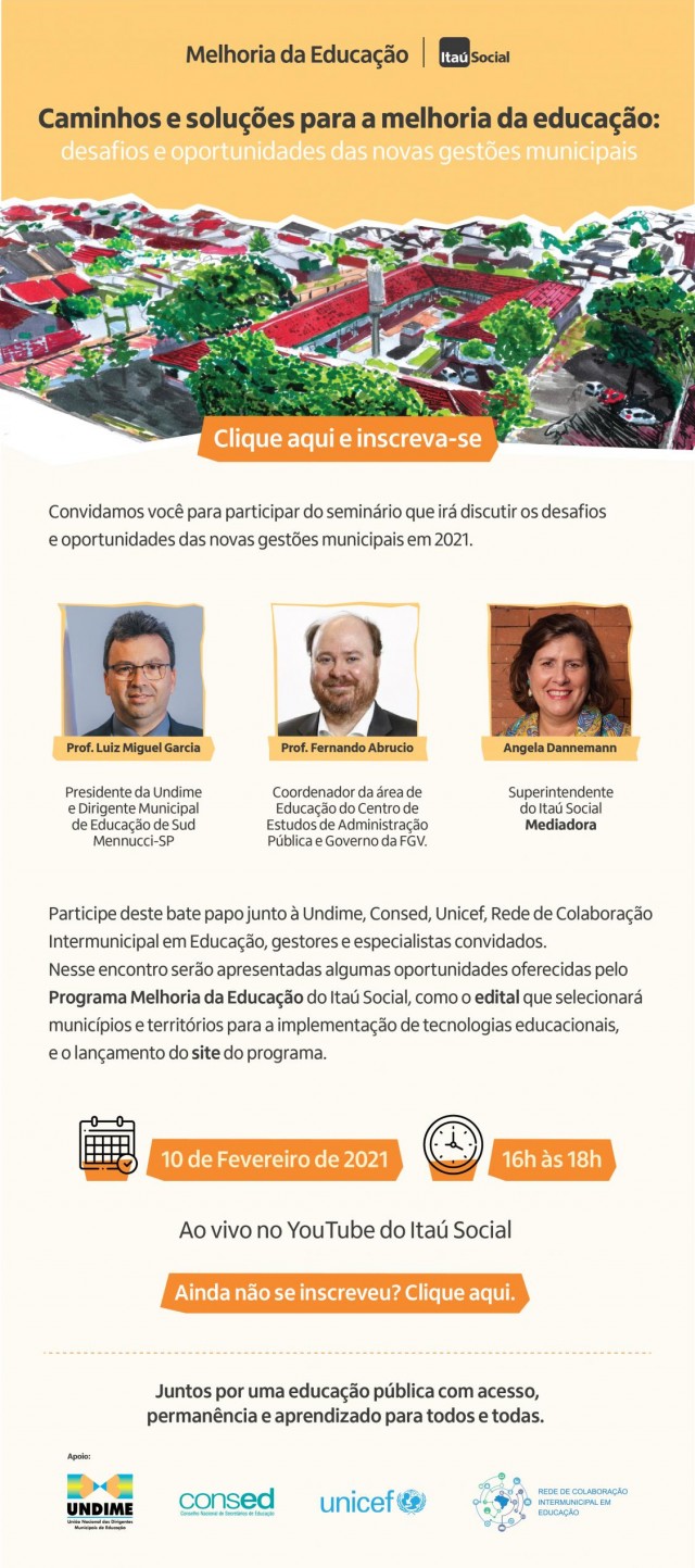 Seminário promovido pelo Itaú Social discutirá caminhos para as redes municipais e apresentará oportunidades do Programa Melhoria da Educação a municípios e territórios